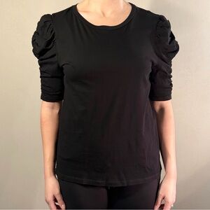 LOFT Black Puff Sleeve Ruched Top 100% Cotton Tee Blouse Elbow Sleeve Size M